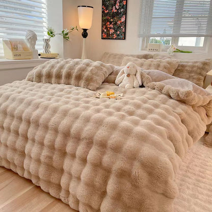Faux Rabbit Fur Bed Sheet Set With Plush Texture