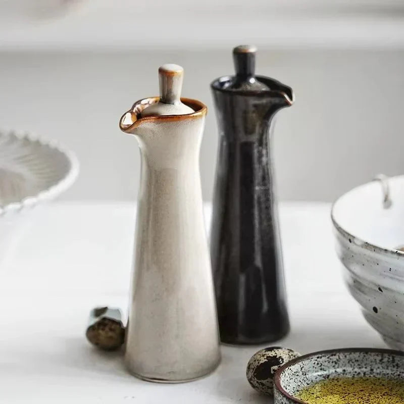 Modern Glossy Ceramic Oil Dispenser With Easy-Grip Lid