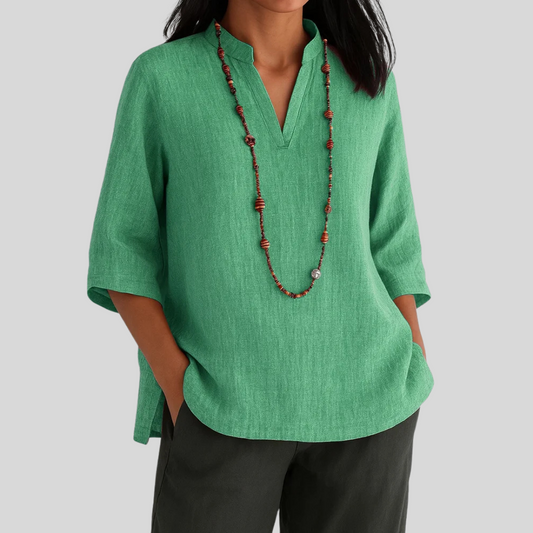 Relaxed Fit Blouse with Mandarin Collar and Curved Hem