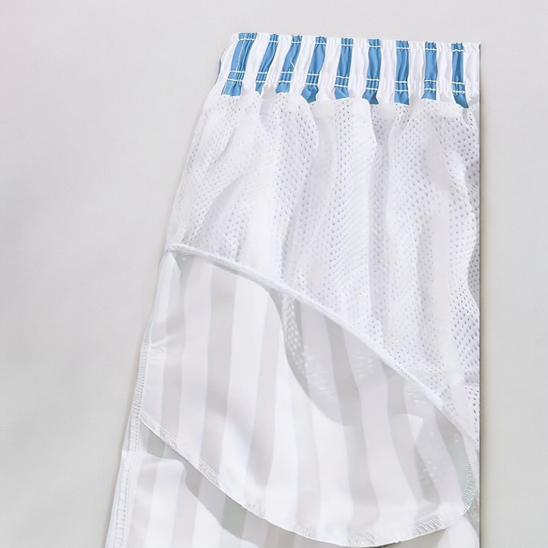 Jean-Paul Elevated Vertical Stripe Mid-Thigh Relaxed Swimwear Shorts