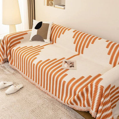 Chenille Couch Cover With Geometric Pattern and Fringed Edges