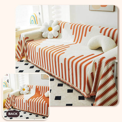 Chenille Couch Cover With Geometric Pattern and Fringed Edges