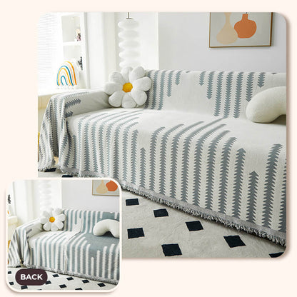 Chenille Couch Cover With Geometric Pattern and Fringed Edges