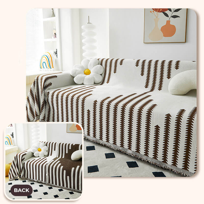 Chenille Couch Cover With Geometric Pattern and Fringed Edges