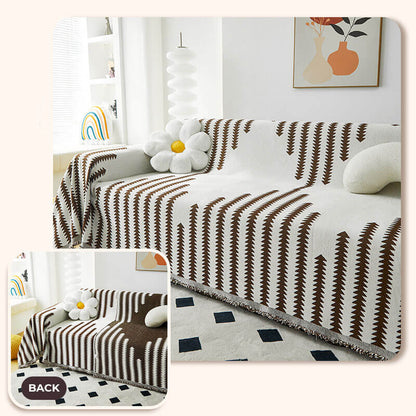 Chenille Couch Cover With Geometric Pattern and Fringed Edges