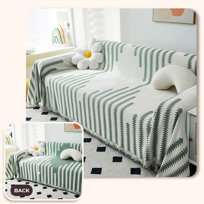 Chenille Couch Cover With Geometric Pattern and Fringed Edges