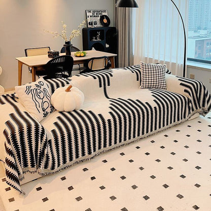 Chenille Couch Cover With Geometric Pattern and Fringed Edges