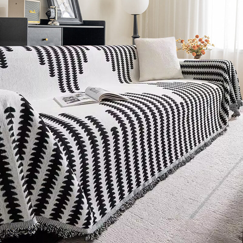 Chenille Couch Cover With Geometric Pattern and Fringed Edges
