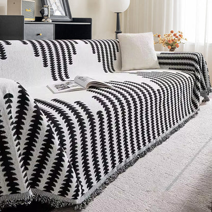 Chenille Couch Cover With Geometric Pattern and Fringed Edges