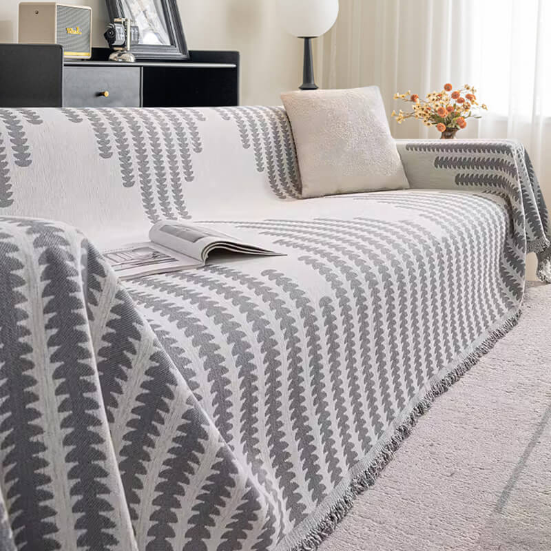 Chenille Couch Cover With Geometric Pattern and Fringed Edges