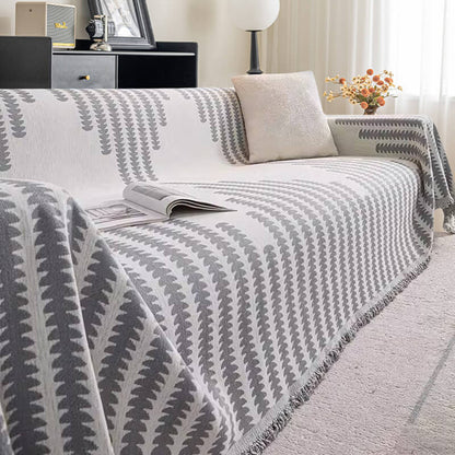 Chenille Couch Cover With Geometric Pattern and Fringed Edges