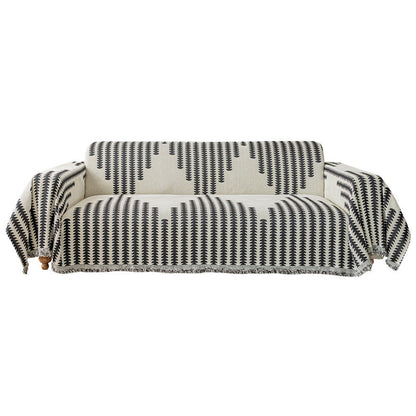 Chenille Couch Cover With Geometric Pattern and Fringed Edges