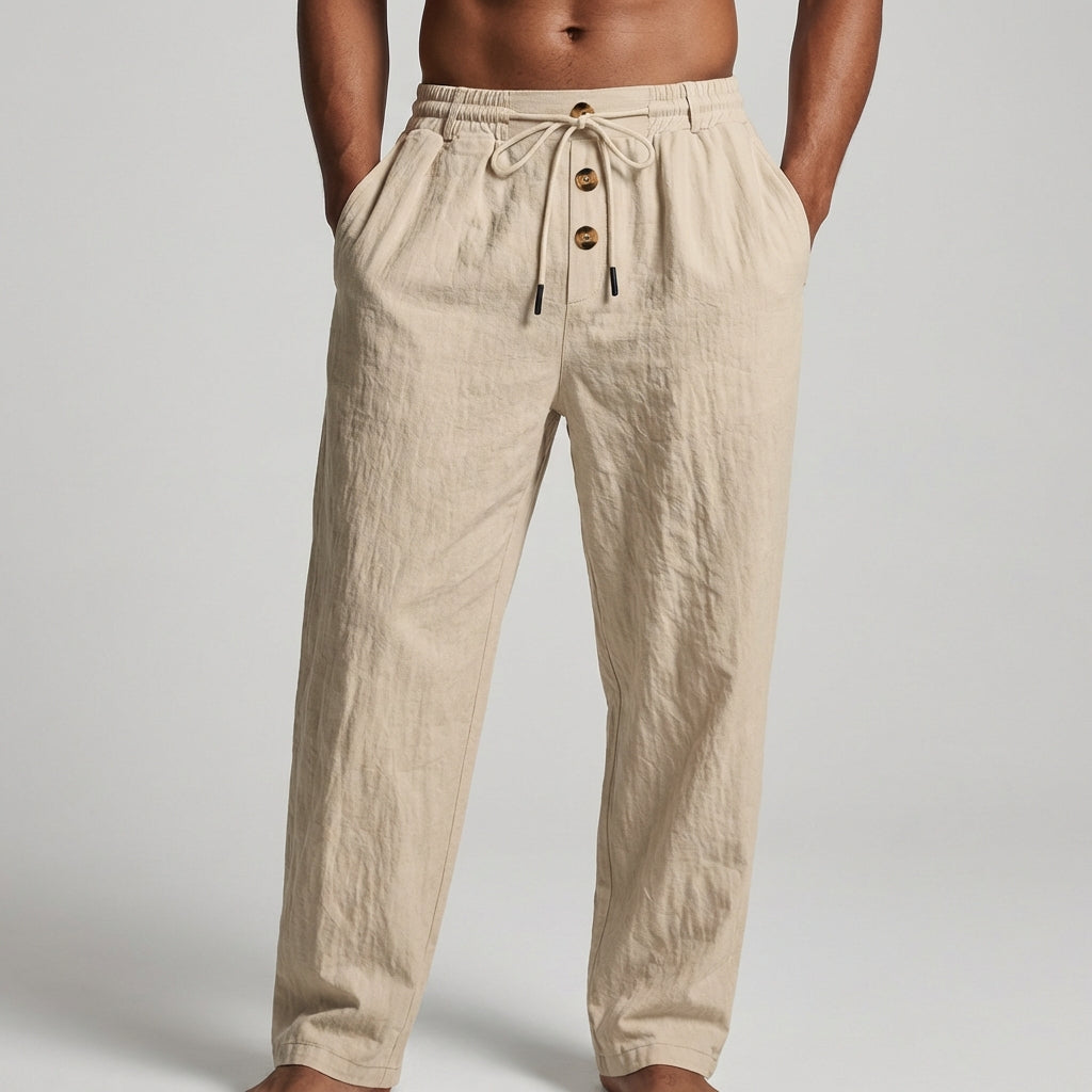 Wide-Leg Drawstring Trousers with Textured Fabric and Button Detail