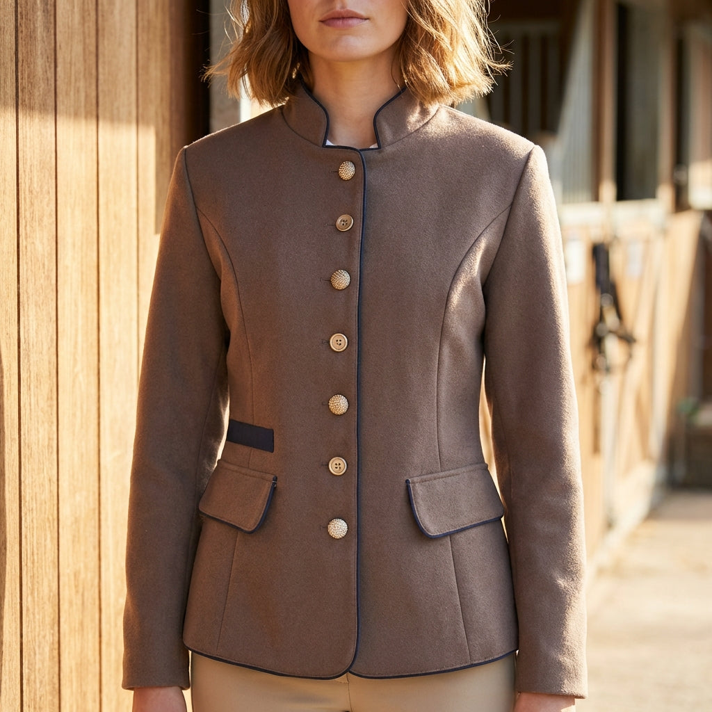 Tailored Blazer with Stand-Up Collar and Contrasting Trim