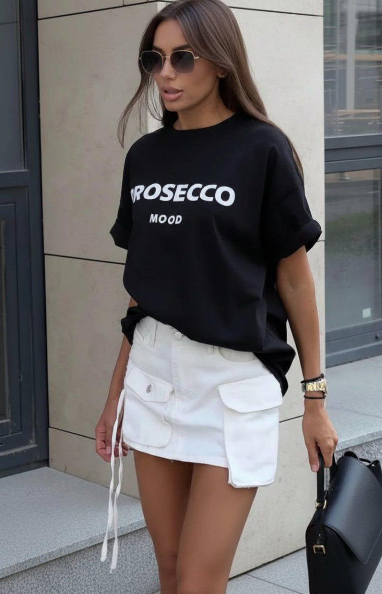 ZORVINA – Chic Oversized Prosecco Print T-Shirt, Soft Cotton Casual Wear VIP