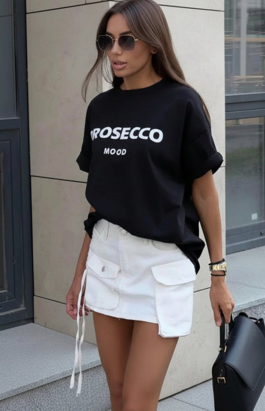 ZORVINA – Chic Oversized Prosecco Print T-Shirt, Soft Cotton Casual Wear VIP