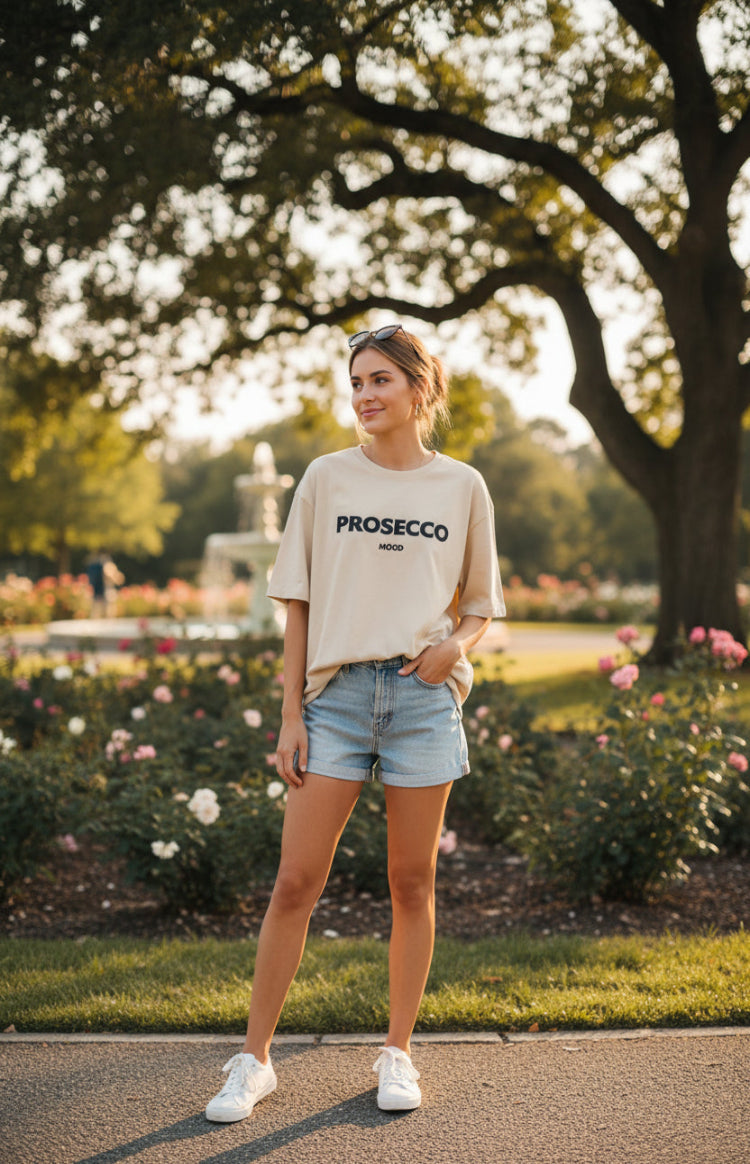 ZORVINA – Chic Oversized Prosecco Print T-Shirt, Soft Cotton Casual Wear VIP