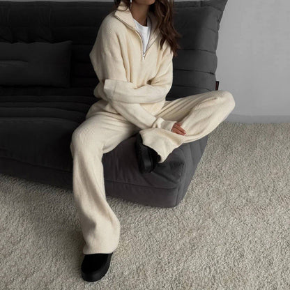 Alessandra Relaxed Fit Half-Zip Sweater Two-Piece Set | Collared Ribbed Knit Pants