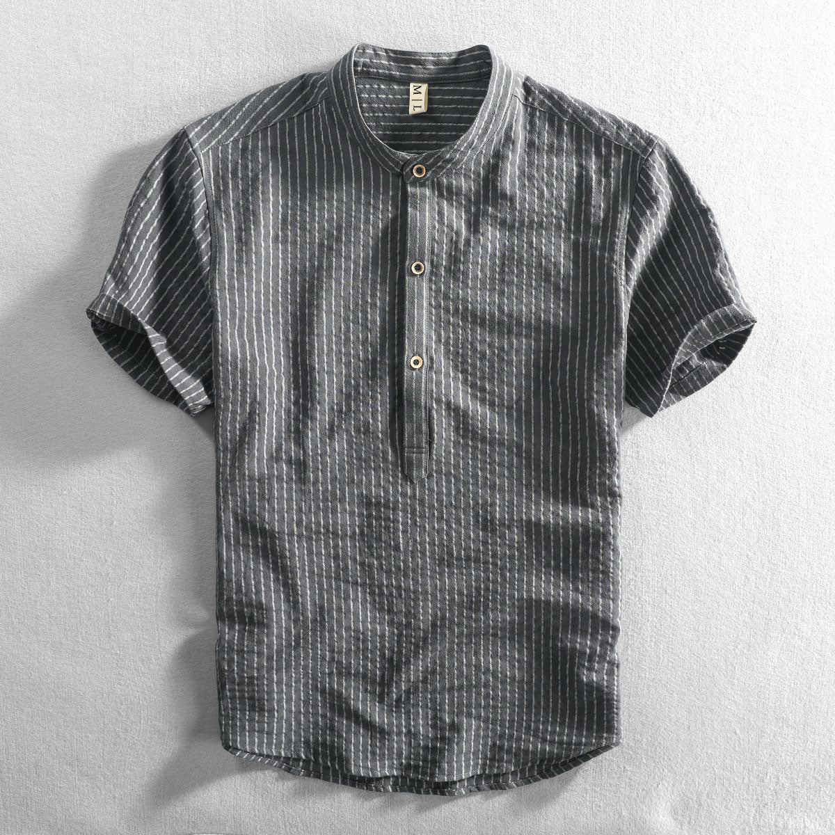 Felix Grant Relaxed Mandarin Collar Shirt with Vertical Stripes