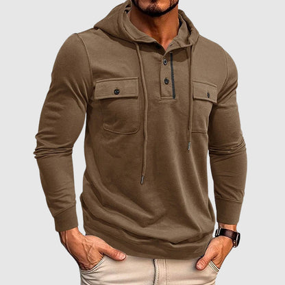 Oscar Slim Fit Henley Hoodie | Button Placket Drawstring Hoodie