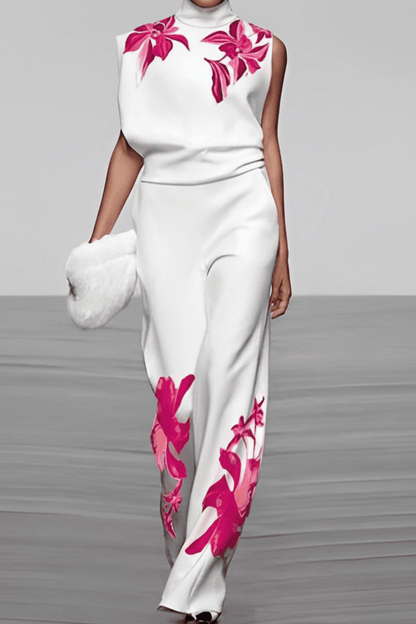 ROSÉLLE – Stylish Floral Sleeveless Turtleneck and Wide Leg Pants Set