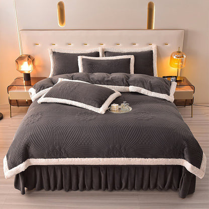 Quilted Bed Skirt Set With Plush Fleece Trim