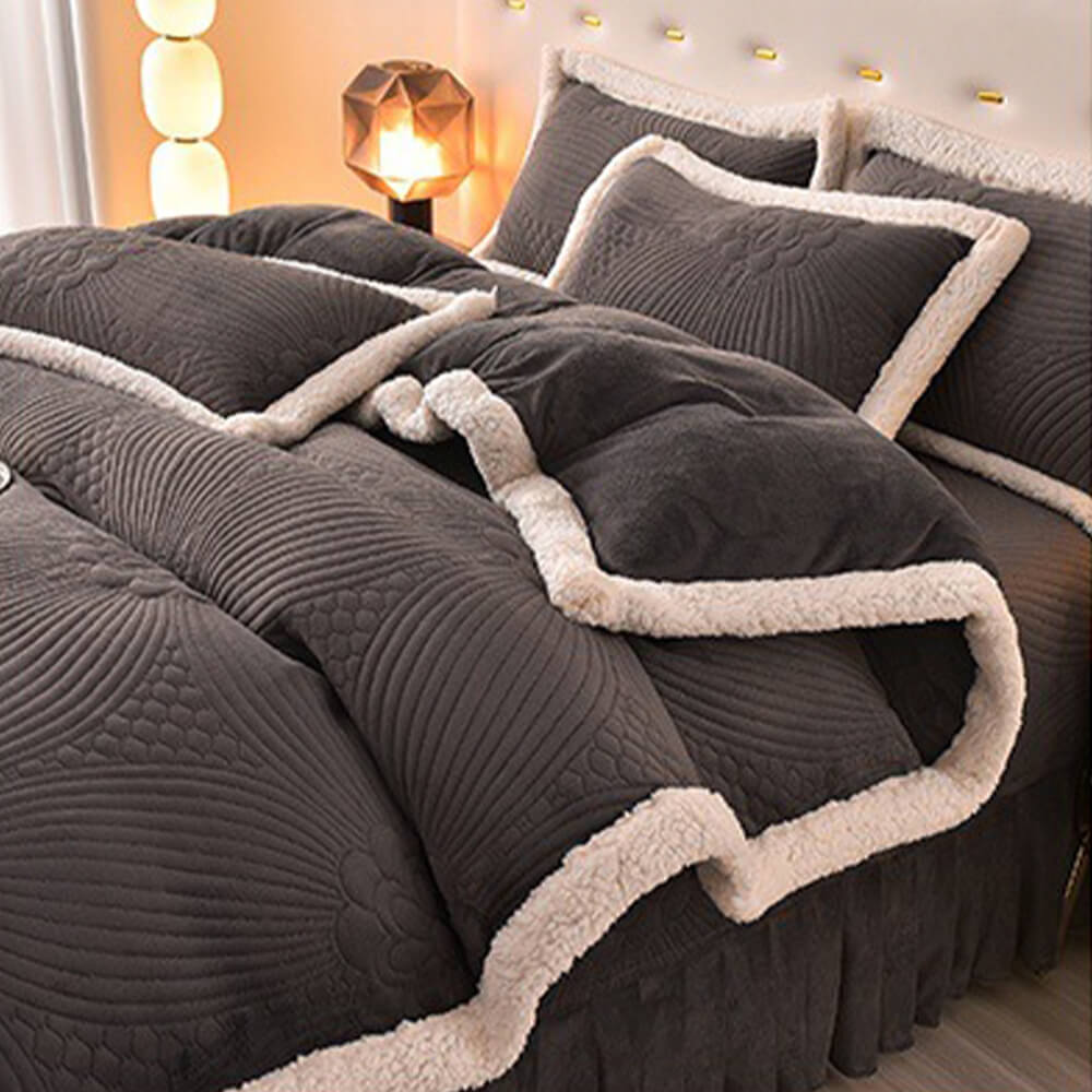 Quilted Bed Skirt Set With Plush Fleece Trim