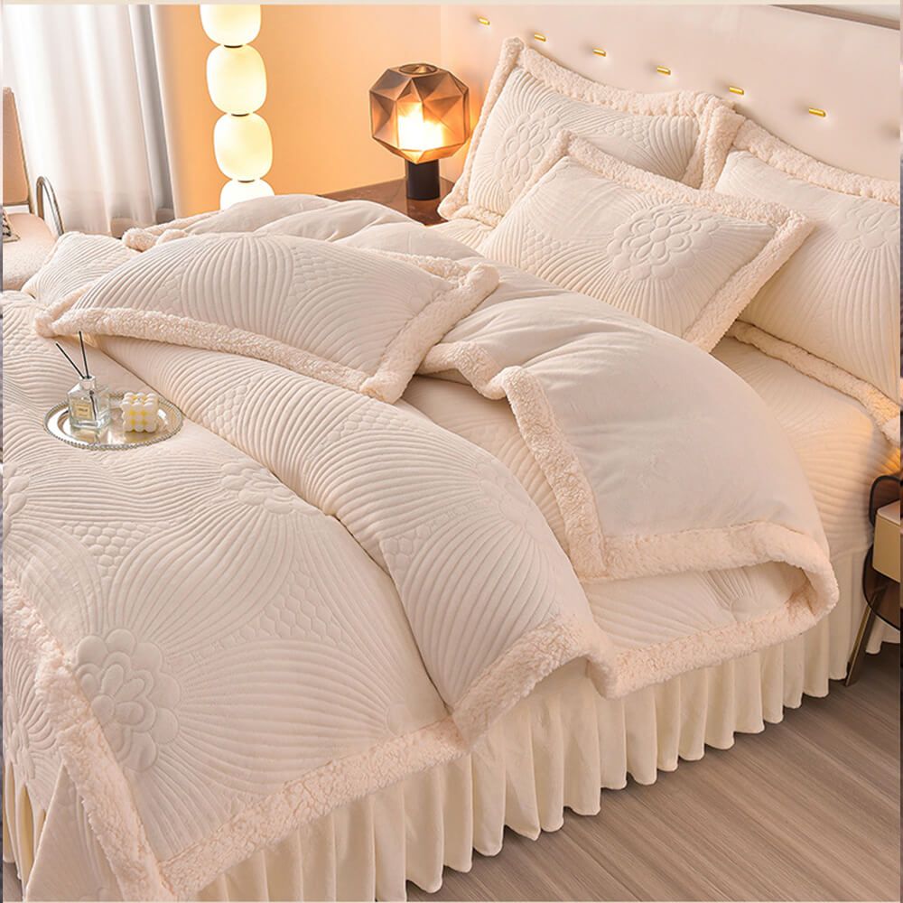 Quilted Bed Skirt Set With Plush Fleece Trim