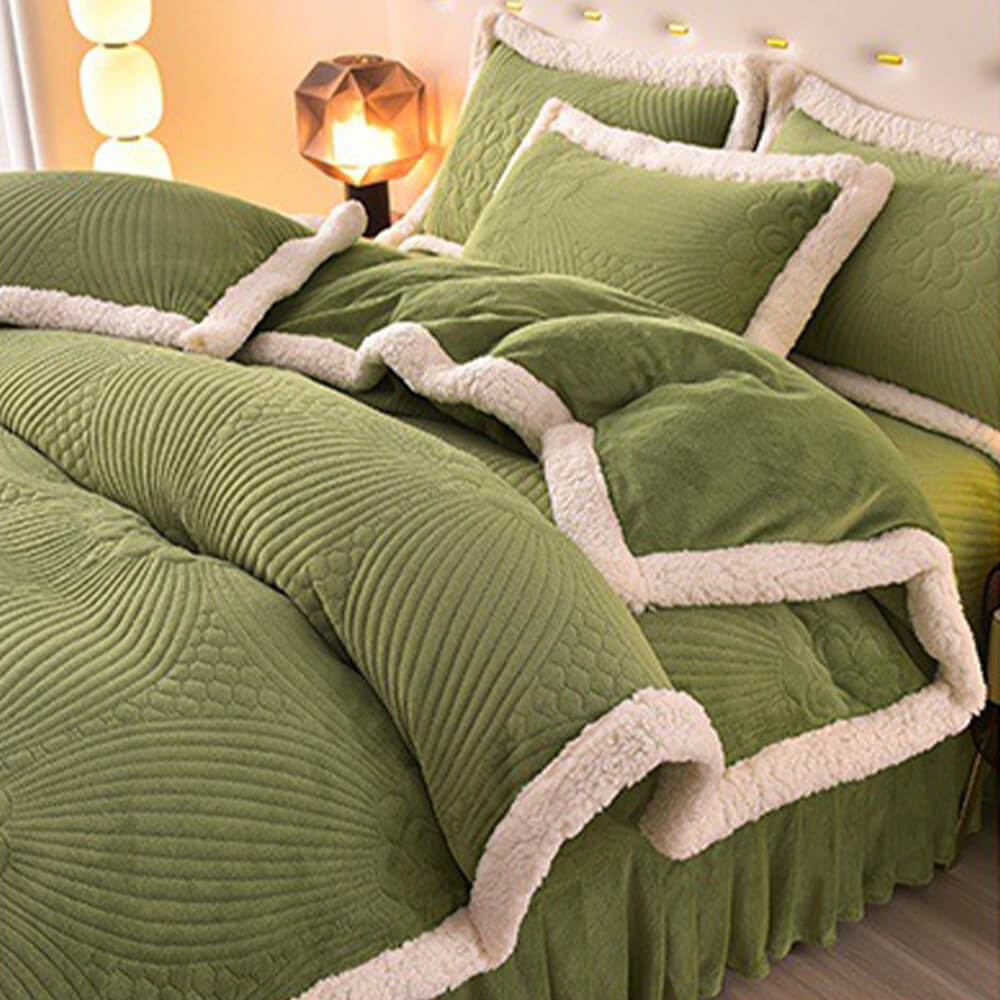 Quilted Bed Skirt Set With Plush Fleece Trim