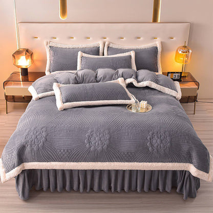 Quilted Bed Skirt Set With Plush Fleece Trim