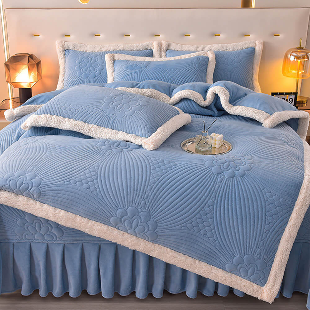 Quilted Bed Skirt Set With Plush Fleece Trim