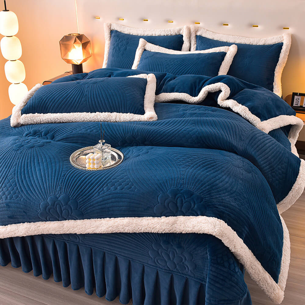 Quilted Bed Skirt Set With Plush Fleece Trim