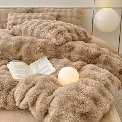 Faux Rabbit Fur Bed Sheet Set With Plush Texture