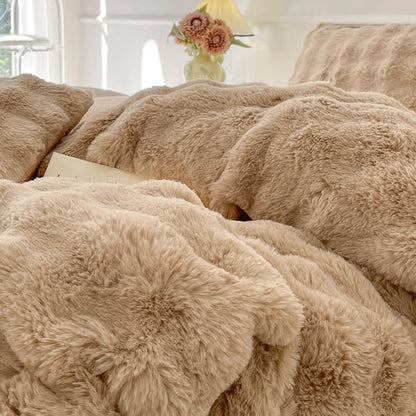 Faux Rabbit Fur Bed Sheet Set With Plush Texture
