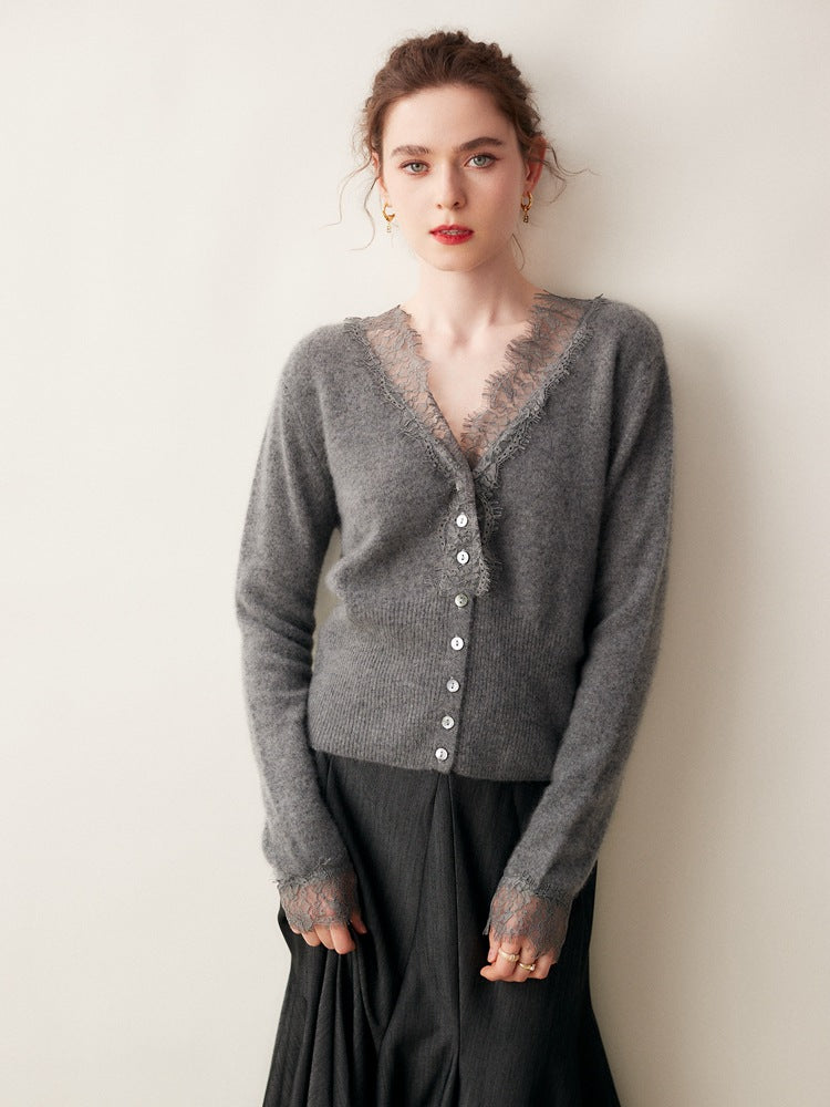 Rosie Fitted Cardigan | Lace Trim Button Front Cardigan