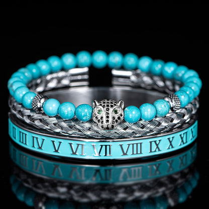 Oscar Panther Head Jeweled Cuff Bracelet Set | Textured Braided Beaded Bracelet