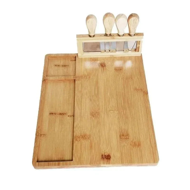 Contemporary Bamboo Cheese Board Set With Built-In Knife Holder