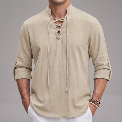 Relaxed-Fit Lace-Up Henley with Stand Collar and Roll-Tab Sleeves