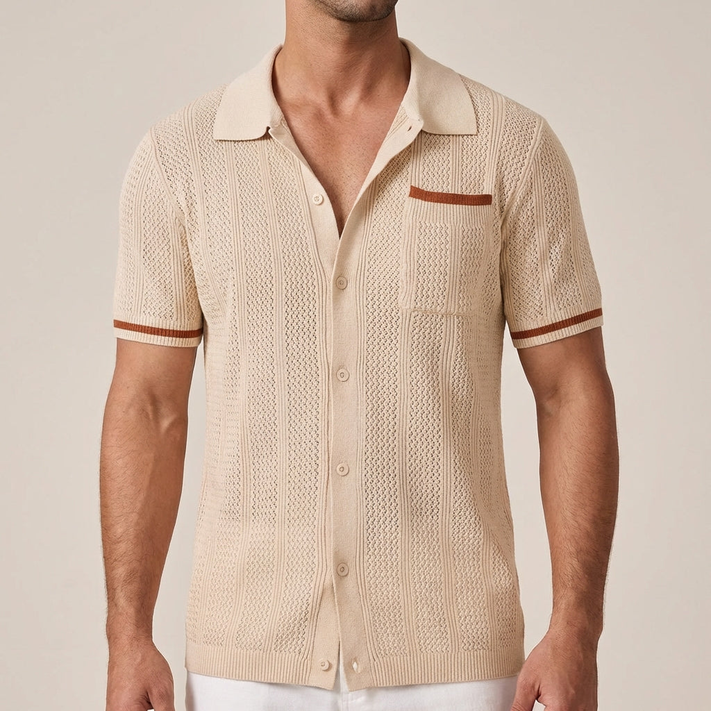 Ryker Relaxed Knit Polo with Textured Stripe and Contrasting Trim