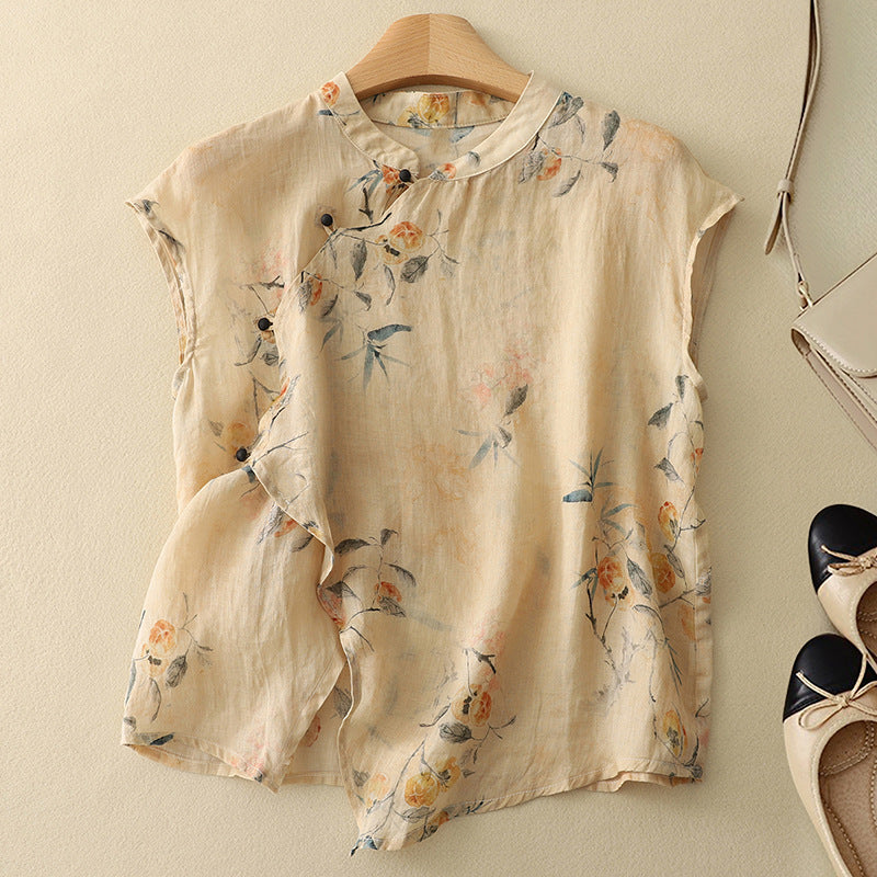 Luxurious Vintage-Inspired Blouse with Mandarin Collar and Asymmetrical Wrap Front