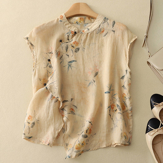Luxurious Vintage-Inspired Blouse with Mandarin Collar and Asymmetrical Wrap Front