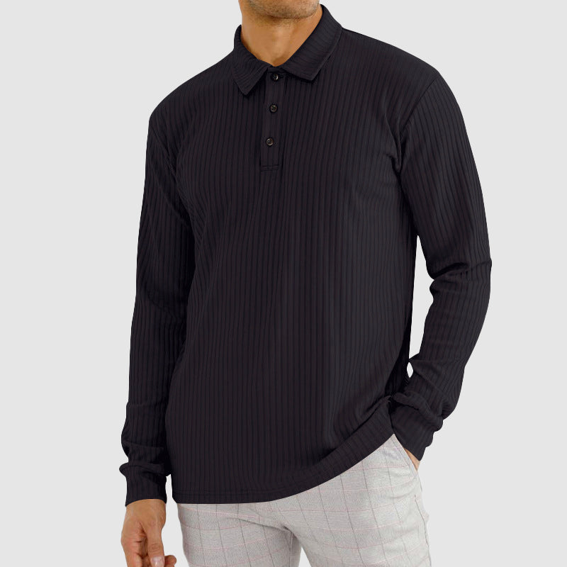 Men’s Knit Long-Sleeve Polo Shirt with Vertical Ribbed Texture