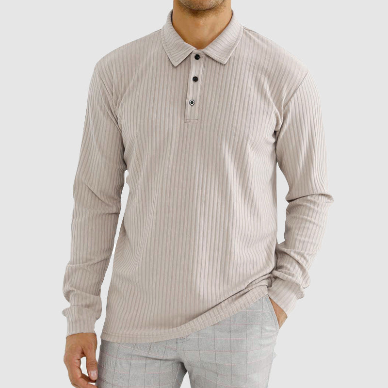 Men’s Knit Long-Sleeve Polo Shirt with Vertical Ribbed Texture