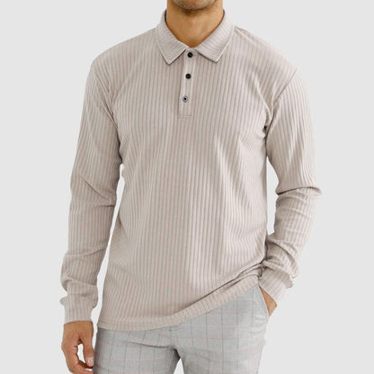 Men’s Knit Long-Sleeve Polo Shirt with Vertical Ribbed Texture