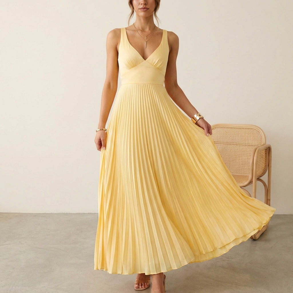 Eileen Pleated Maxi Dress with Twist-Front Bodice and Flowing Silhouette