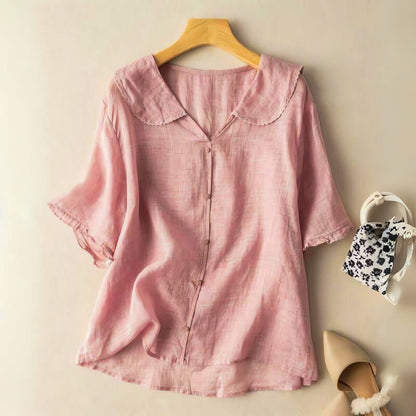 Relaxed Button-Up Blouse with Peter Pan Collar and Ruffle Cuffs