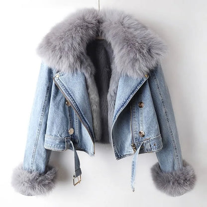 Siena Fox Fur Trim Lined Biker Jacket | Belted Hip-Length Jacket