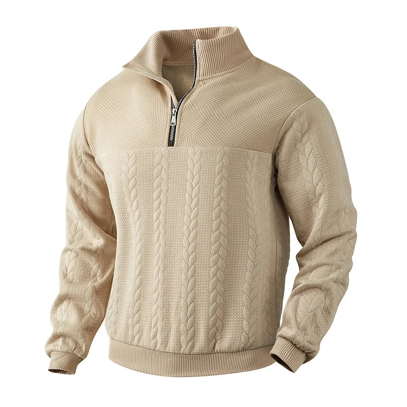 Arthur Cable Knit High-Neck Half-Zip Sweater | Textured Hip-Length Sweater