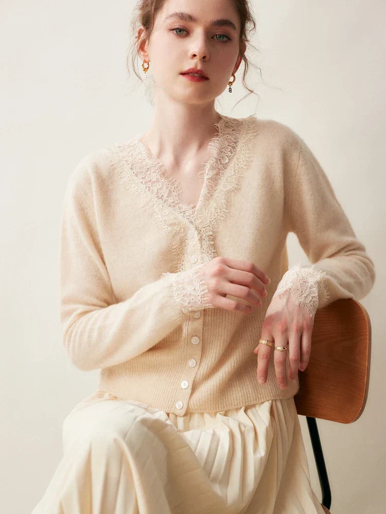 Rosie Fitted Cardigan | Lace Trim Button Front Cardigan