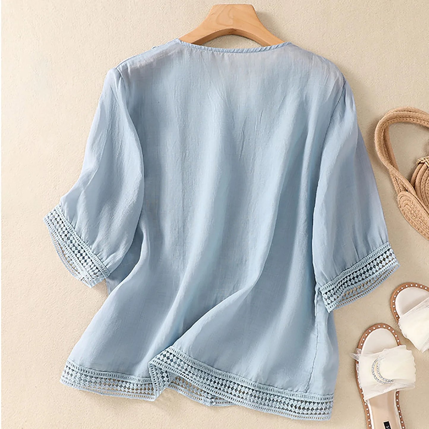 Marabel Relaxed Button-Up Blouse with Lace Trim Details